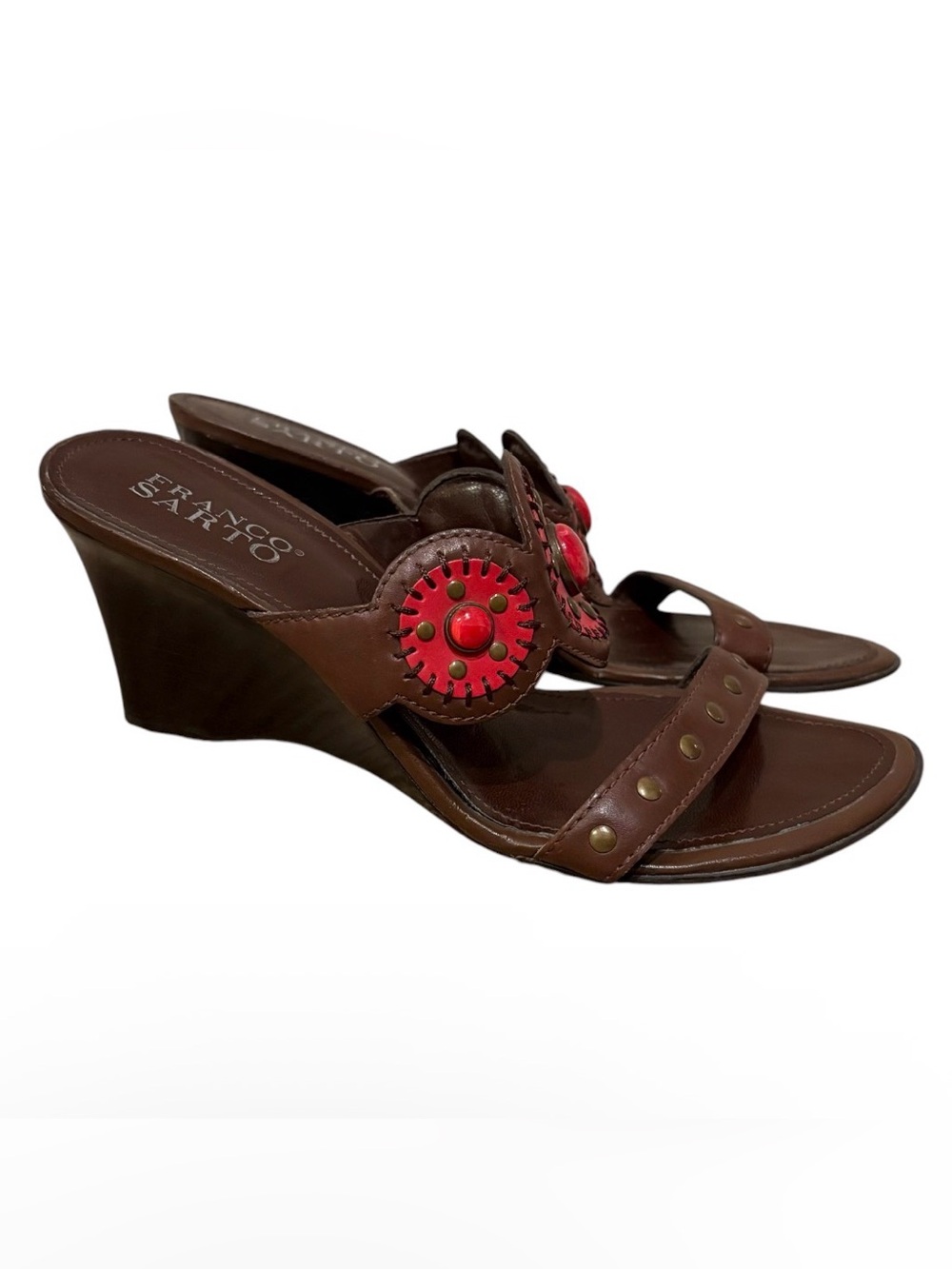 Vtg Y2K Women's Franco Sarto Leather Beaded Strappy Brown Sandals Wedge Sz 8